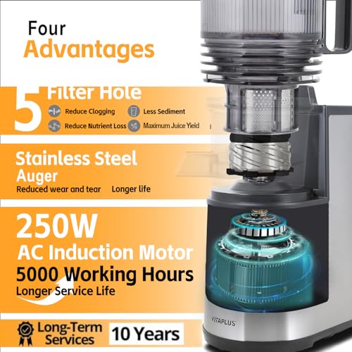 Image of VITAPLUS Cold Press Juicer with Stainless Steel Auger, Lab-Certified Food-Safe, AC Motor, 5.8 inch Whole-Fruit Chute, High Juice Yield Slow Masticating Juicer for Juice & Nut Milk, BPA-Free, Easy Clean