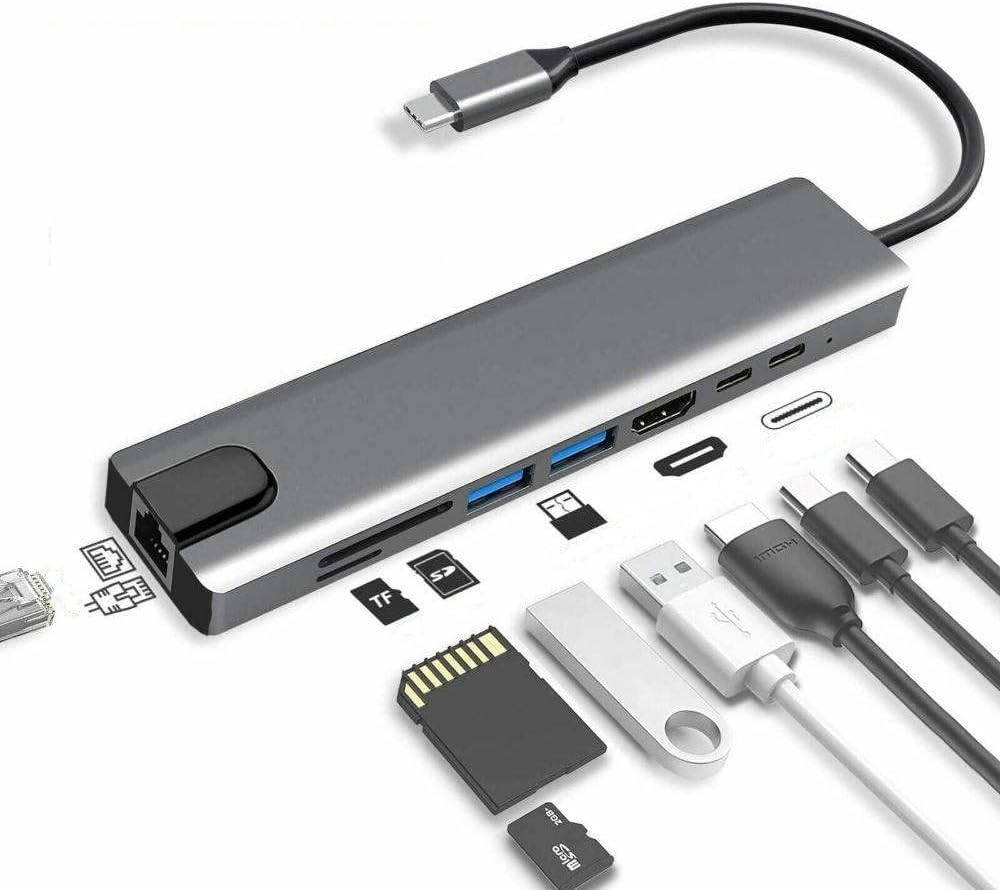 Travel USB 3.0 Connectivity Hub USB-C Adapter with HD, Portable 8 Function Traveling Device - RJ45 Gigabit Ethernet, USB 3.0 Hub, Card Reader & PD Charging