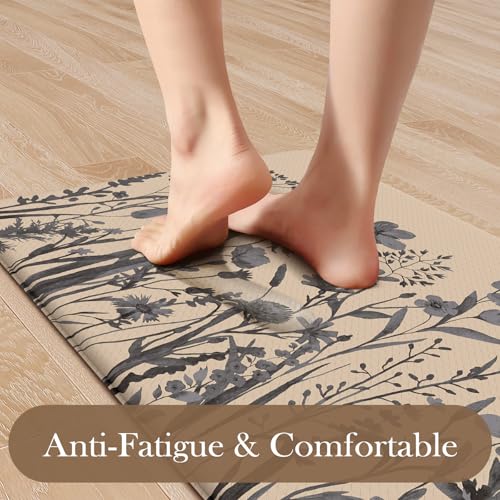 KIMODE Kitchen Anti Fatigue Mats, Farmhouse Kitchen Rugs Sets of 2, Memory Foam Kitchen Mats for Floor, Waterproof Standing Mat for Sink, Laundry, Office, Desk Brown/Gray 17"x59"+17"x29" - Thumbnail 2