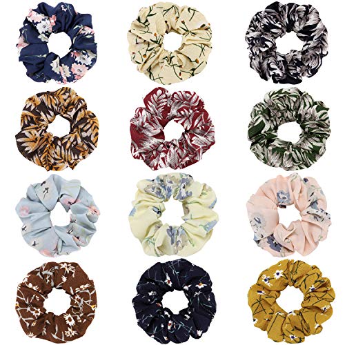 Folora 12pcs Multicolored Floral Hair Scrunchies Chiffon Elastic Hair Ties for Ponytail Holder Hair Bands for Women Girls Hair Accessories