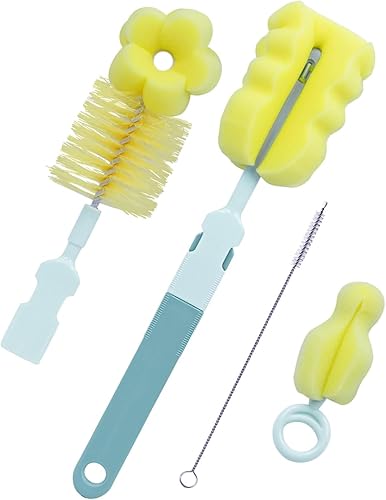 Juego de cepillos para biberones 4 en 1, juego de limpiador de cepillos de esponja con limpiador de pezones, cepillo de limpieza para pajilla,