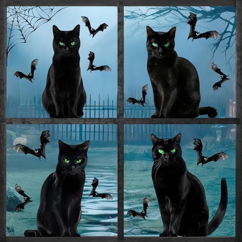 4 Large Realistic Black Cats Halloween Window Clings Decorations Decor, Cat Bats Spiderweb...
