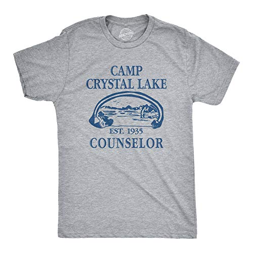 Crazy Dog Mens T Shirt Camp Crystal Lake 1980 Spooky Halloween Horror Slasher Movie Tee Funny Camping Tshirt Vintage Shirt for Retro 80s Movie Fans Light Heather Grey XL