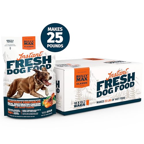 Bully Max Instant Fresh – Nutrient-Rich Dehydrated Raw Dog Food with Natural Chicken Recipe – 10 Bags (15 oz Each) – Makes 25 lbs. of Fresh Food