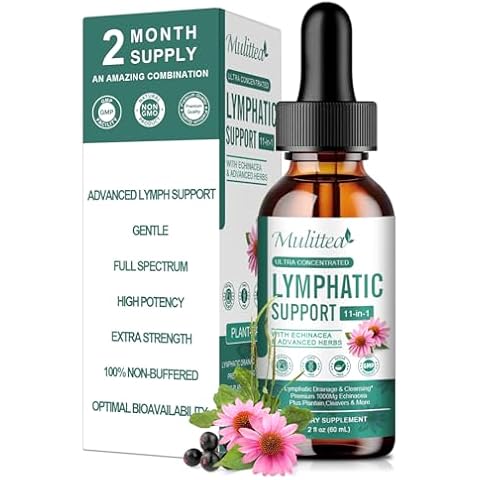 Mulittea Lymphatic Drainage Drops-Vegan 11-in-1 Lymphatic Drainage Supplements-Lymph System Support with Echinacea, Cleavers,Elderberry-Detox Cleanse-Non-GMO -2 fl oz-60 Servings Cover