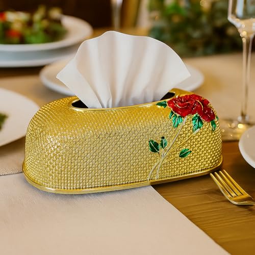 Image of Luxury Golden Tissue Box Cover with Red Rose Design Decorative Rhinestone Napkin Holder for Home Office Bathroom Car Elegant Gifting Idea for Weddings, Housewarmings (Gold)