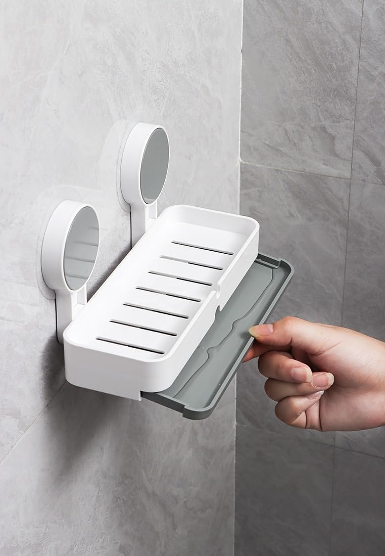 ORBITORA acrylonitrile_butadiene_styrene_abs Soap Holder for Bathroom, Non-Drill Wall Mount Magic Sticker Self Adhesive Soap Stand for Bathroom with Removable Drain Tray 2