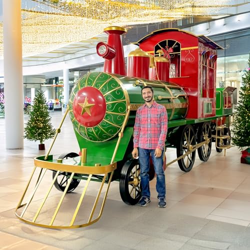 Zaer Ltd. Large Metal Christmas Train Commercial Decoration (Christmas Themed Colors, 27 Feet Long - Super Extra Large)