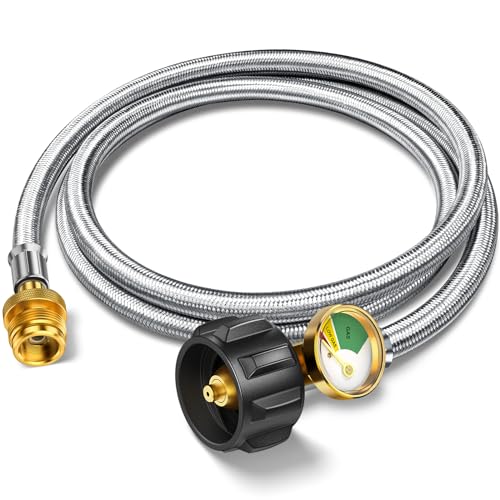 6FT Propane Hose Adapter 1lb to 20lb with Gauge Propane Tank Adapter Hose 20 lb to 1 lb Propane Tank Hose Propane Grill Hose Fit for Weber Q Grill Coleman Camping Stove Mr Buddy Heater