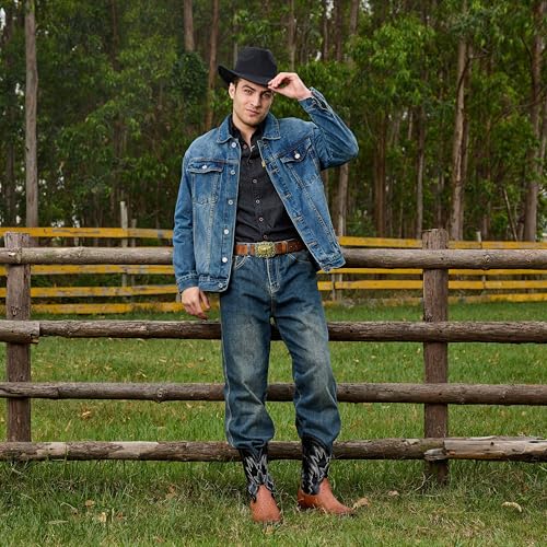 Image of IUV Cowboy Boots For Men Western Ostrich Wide Embroidered Pull On Boots | Durable & slip-resistant pull-on boots, Fashionable embroidered design, Vintage style for men, stylish for casual.