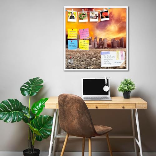 Image of ArtzFolio City Overlooking Desolate Desert | Bulletin Board Notice Pin Board | Vision Soft Board Combo with Thumb Push Pins & Sticky Notes | White Frame | 20 x 20 inch (51 x 51 cms)