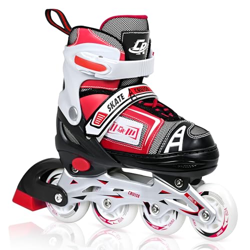 Adjustable Inline Skates for Kids, Teens, and Adults – ABEC-7 Bearings, PU Wheels, Comfortable Fit, for Indoor and Outdoor Skating (Red, Large - Youth (5Y-7Y US))