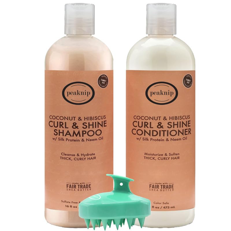 Shampoo and Conditioner Set - 24 Fl oz. Ea - Coconut & Hibiscus Curl & Shine, for Thick, Curly Hair with Silk Protein, Neem Oil & Coconut Oil - Bundled with Peaknip Scalp Massager Brush