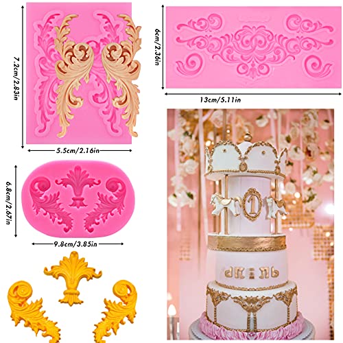 Rainmae 5 Pcs Baroque Style Curlicues Scroll Lace Fondant Silicone Mold, Relief Flower Lace Mould Filigree Mold 3D Sculpted Decoration, Cupcake Topper, Jewelry, Polymer Clay, Crafting Projects - Image 4