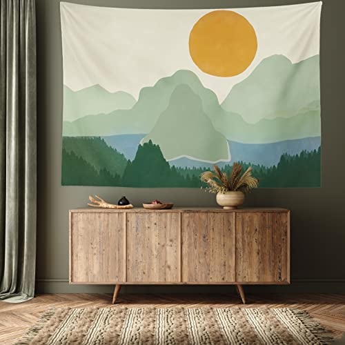Boho Sun And Mountain Tapestry Wall Hanging Modern Sage Green Tapestry Mid Century Nature Landscape Minimalist Decor Neutral Tapestries For Bedroom Living Room Dorm Decoration, 59.1" X 82.7" #TOP2