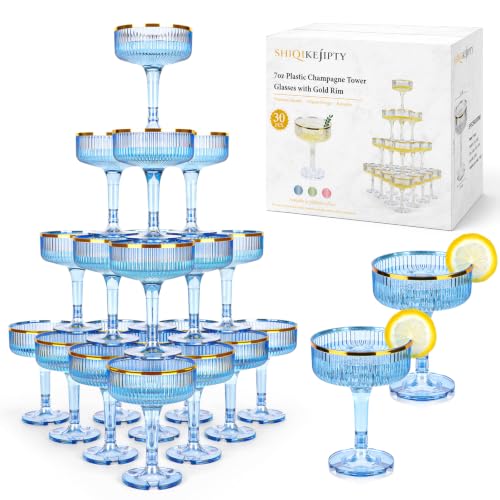 30 Pack Plastic Champagne Tower Glasses 7oz Blue Champagne Coupe Glasses Disposable Martini Glasses With Gold Rim Stackable Champagne Flutes Cocktail For Wedding Anniversary Birthday Party
