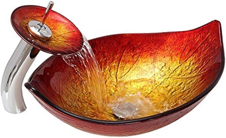 Tempered Glass Vessel Sink,Hot Melted Red&Gold Leaf Shaped Bathroom Vanity Sink,with Waterfall Chrome Faucet Combo and Pop-Up Sink Drain