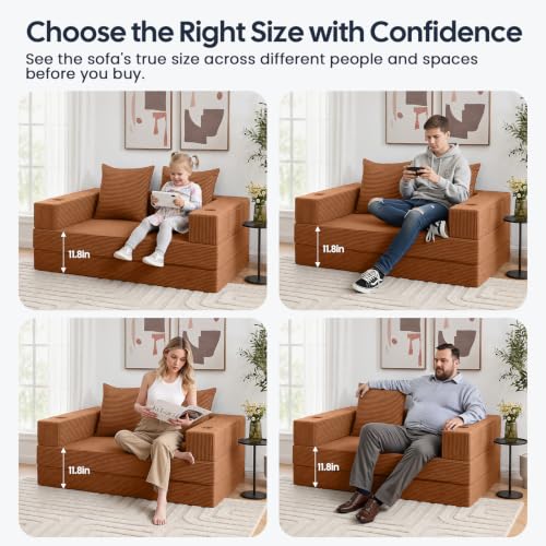 Image of COMAX Futon Sofa Bed, 4‑in‑1 Convertible Sofa Bed, Folding Boneless Couches | Boneless Couch for living room, Fold Out Small Foldable Loveseat Floor Sleeper Mattress Lounge Space‑Saving, Orange