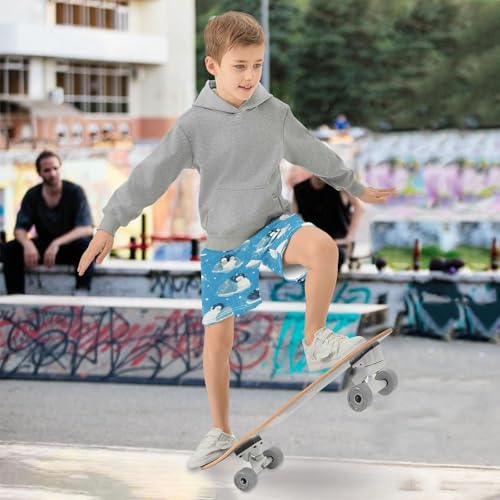 Boys Athletic Shorts with Pockets Blue Fluffy Penguin Running Basketball Shorts for Youth Elastic Waist Size 7-82