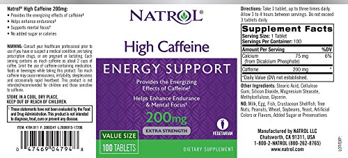 Natrol High Caffeine Tablets, Energy Support, Helps Enhance Endurance And Mental Focus, Caffeine Supplement, Fatigue, Pre-Workout, Extra Strength, 200Mg, 100 Count #TOP2