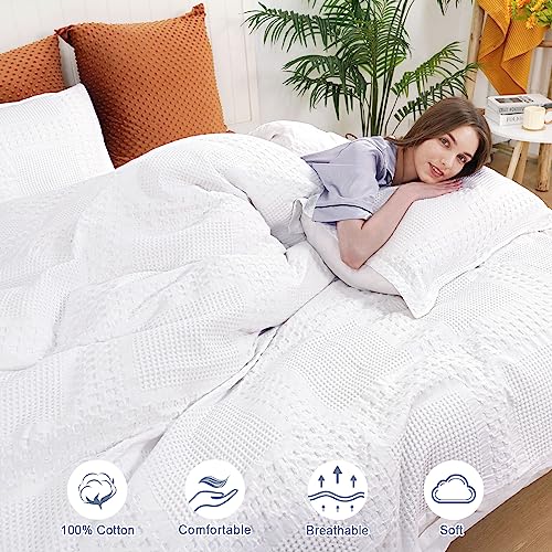 Phf 100% Cotton Duvet Cover Queen Size, Waffle Weave Duvet Cover Set For All Season, Pre-Washed Soft Decorative Textured Duvet Cover With Pillow Shams Bedding Collection, 90"X92", White #TOP1