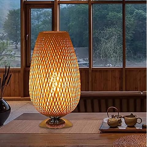 GUANSHAN Bamboo Woven Table Lamp Zen Atmosphere Desk Lamp Lantern Table Light Bedside Lamp Decorative Light Table Lighting for Living Room, Bedroom, Style 1 Cover