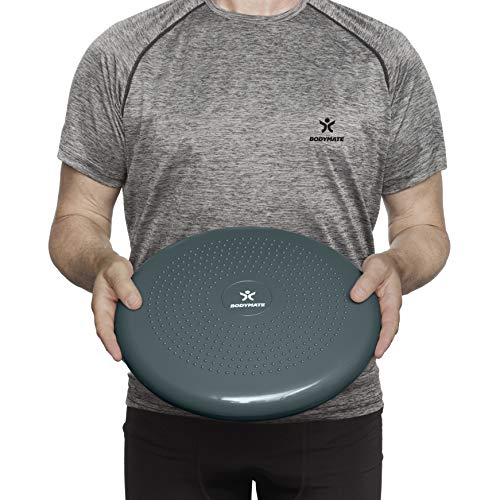 BODYMATE Ballsitzkissen inkl. Pumpe GRAU-BLAU 34cm Durchmesser - Balance-Kissen, Luftkissen, Balance Pad, Noppenkissen - Core-, Fitness-, Reha-, Koordinations- und Rückentraining