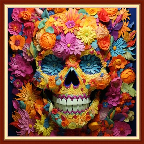 Image of Foxhool Beginners Cross Stitch Kits Stamped Full Range of Embroidery Kits for Adults DIY Cross Stitches kit Embroidery Patterns for Needlepoint kit-Colorful Skull 18x18 inch