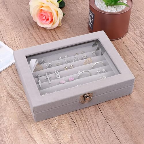 Image of BucketList Women's Velvet Glass Ring Earrings Jewelry Box - Display Storage Showcase Holder Organizer (7 Slot Jewellery Box Grey)