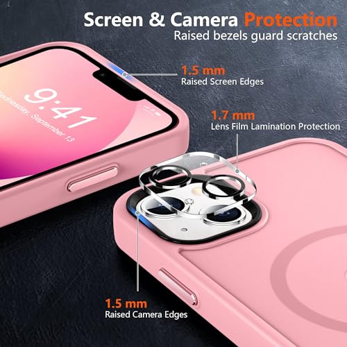 Image of MOCCA Magnetic Shockproof for iPhone 13 Case,Pink | 13ft Drop | Compatible with MagSafe | w / Screen & Lens Protectors | Anti-Slip Matte | Raised Camera & Screen Lip | Ultra-Slim