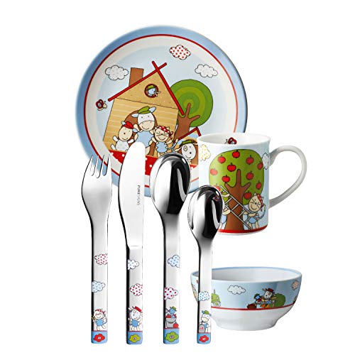 Puresigns Kindergeschirr Set FERME - Bezauberndes 7-teiliges Geschirrset im Bauernhof-Look für Kinder - kindgerecht & spülmaschinenfest Fantasievolles Besteck für kleine Entdecker