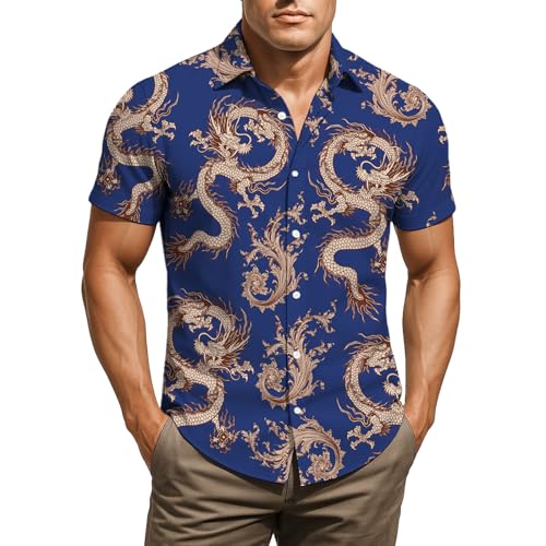 Mens Dragon Shirt Button Down Beach Casual Bowling Shirts (US, Alpha, Large, X-Large, Regular, Regular, Color 4)