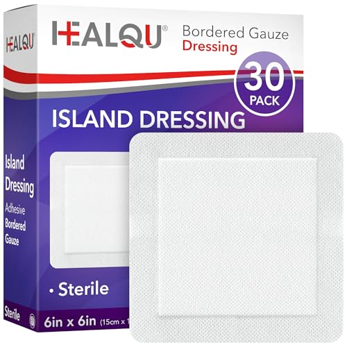 HEALQU Island Dressing - 6x6 30 Count - Bordered Gauze Sterile Individually Wrapped Gauze Pads Water-Resistant Non-Woven Backing - Soft and Breathable Wound Dressing for First Aid and Medical