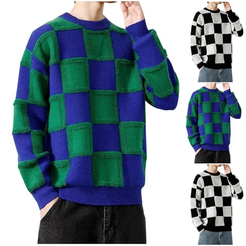 Cambkatl Men's Pullover Crewneck Checkerboard Sweaters, Loose Long Sleeve Casual Knitted Color Block Sweater Tops2