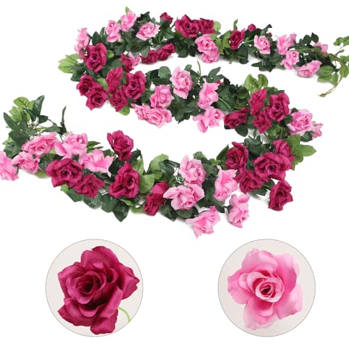 Veryhome 3Pcs Artificial Rose Vine Silk Flowers Fake Rose Vine Garland Plant 13 heads 7.9FT Floral Ivy Decoration for Home Wedding Arrangements Party Garden Décor Purple Fuchsia