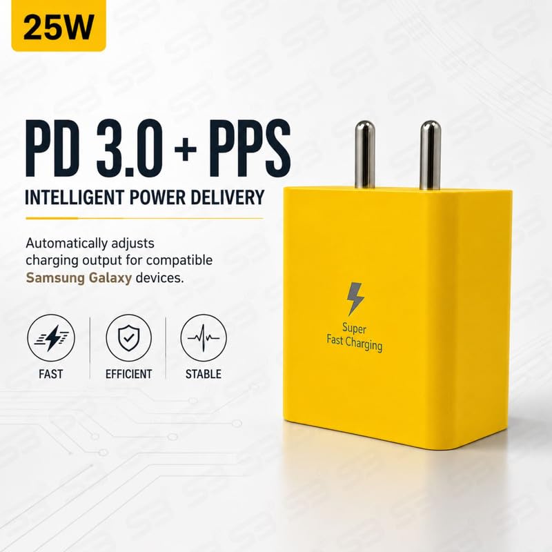 Image of 25W Type C Charger Adapter for Galaxy A35 /M35 /M15 /F15 /A15 /A14 /M14 /M34 /F34 /S24 /S23 Fe /S21 fe 5G /Z fold /flip /6 /5 /4 /3, Super Fast USB C for Tab S9 Ultra /S9 fe /A9 Plus /S8 /A7 /A8 -oo Yellow