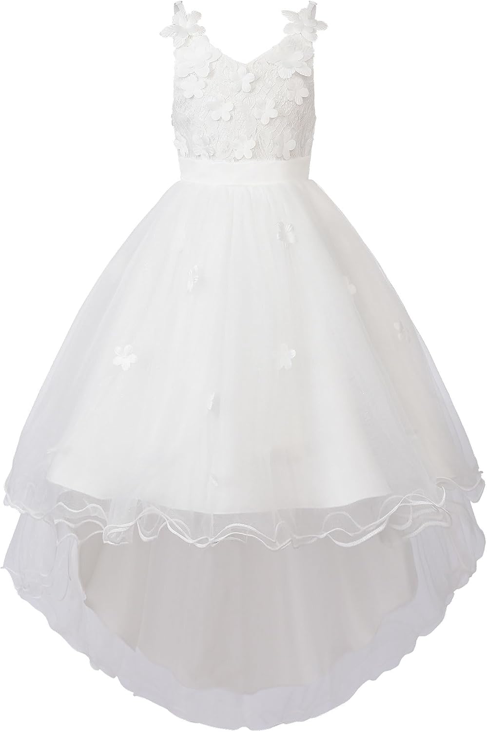 Uhnice Girls’ High-Low Flower Girl Dress 3D Floral Lace Tulle Gown with Adjustable Straps for Wedding Birthday Party