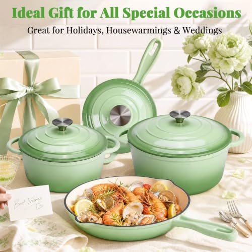 Image of LIFERUN 7Pcs Enameled Cast Iron Cookware Set, Cast Iron Pots and Pans Set