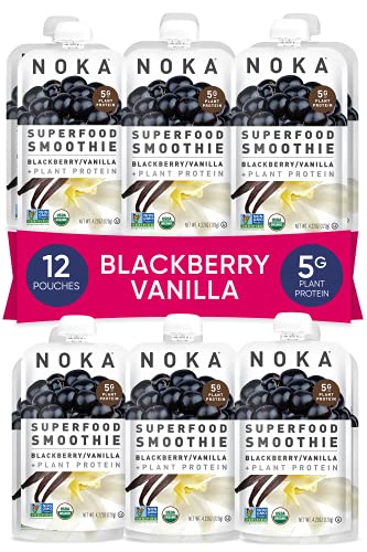 NOKA Superfood Smoothie Pouches (Blackberry Vanilla) 12 Pack, 100% Organic Healthy Fruit Squeeze Snack Packs, Meal Replacement, Non GMO, Gluten Free, Vegan, 5g Plant Protein, 4.2oz Each
