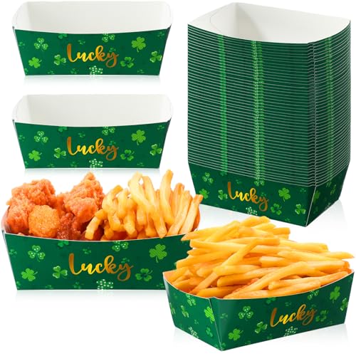 Blulu 50 Pcs St. Patrick's Day Party Supplies St. Patrick's Paper Food Trays Irish Day Food Trays Shamrock Lucky Food Trays Disposable Green Food Boats for Birthday Snacks Cookie Hot Dogs Frying