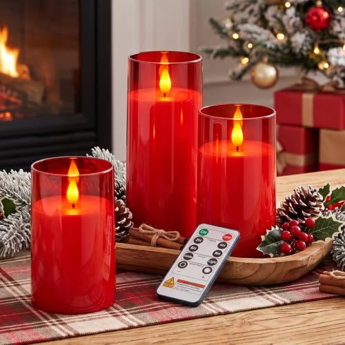 Image of Raycare Battery Operated Flameless Pillar Candles with Remote Timer, Red | LED Acrylic Candle with Warm Ambience for Christmas Celebrations, Valentine's Day Dinners, Romantic Table Settings, Set of 3