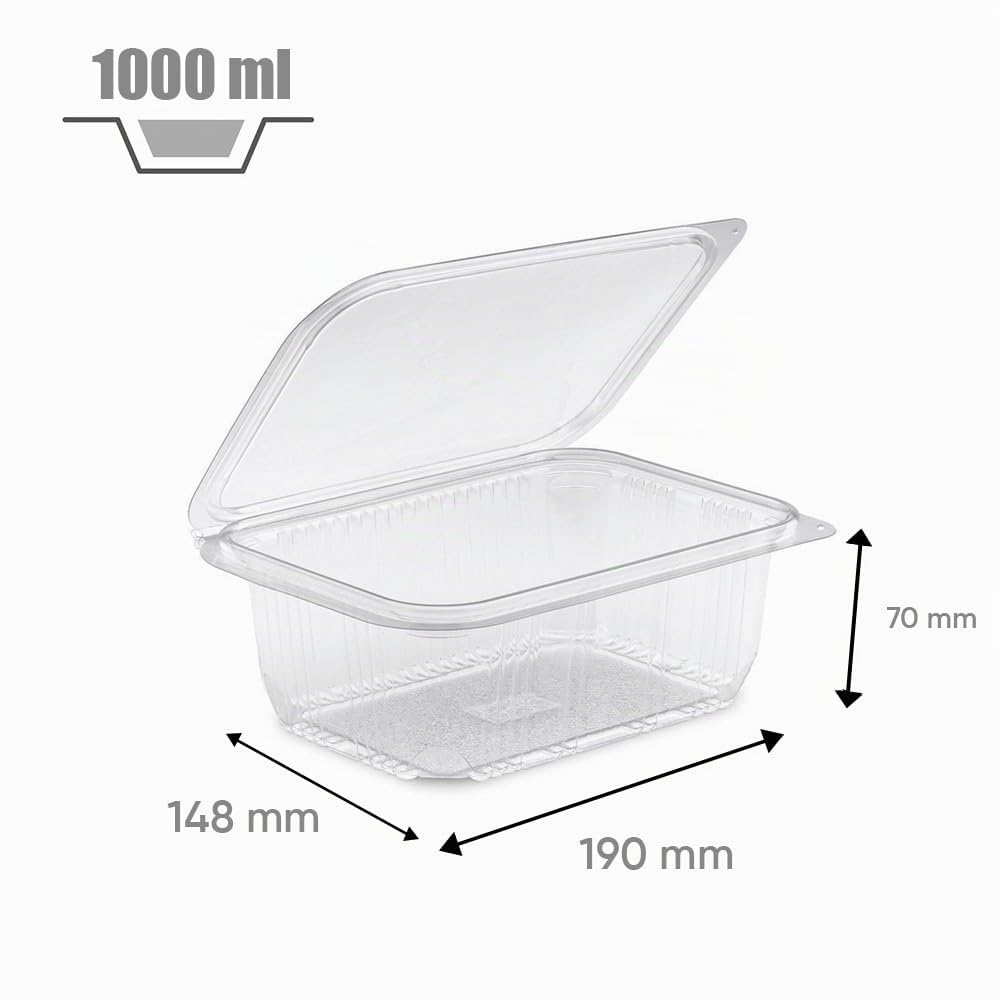 Générique 100 barquettes fraicheur à charnière 1000 cc en plastique PET pour salade et aliments froids