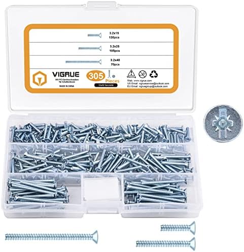 VIGRUE 305 Stück Geräteschrauben für Schalterdosen, Dosenschrauben 3,2x15mm, 3,2x25mm, 3,2x40mm, Steckdosen Schrauben aus Stahl Verzinkt mit PZ1/Schlitz