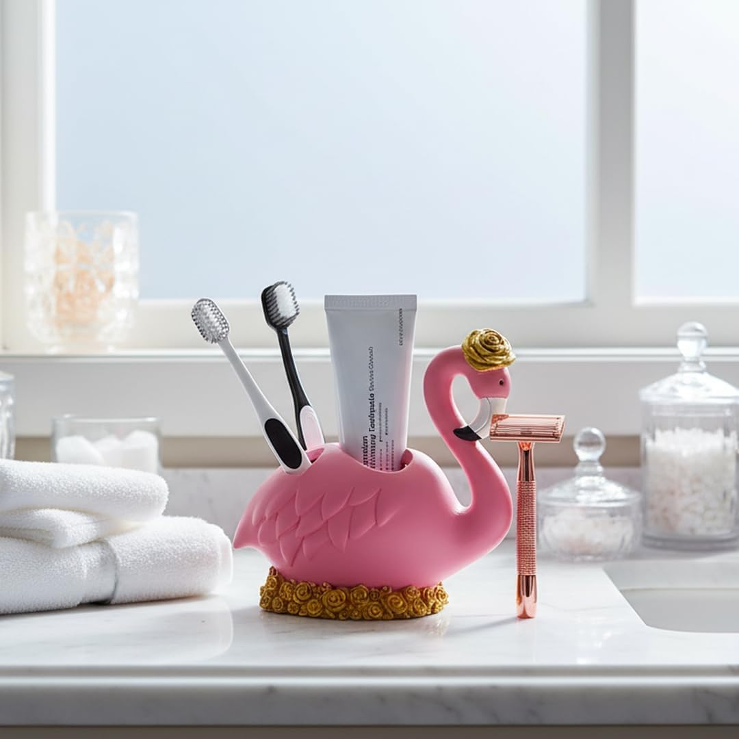 6-inch Pink Flamingo Toothbrush Holder - Heart Design Bathroom Organizer for Toothbrush/Paste/Razor, Hygienic Resin Decor with Matching Accessories