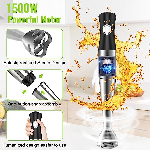 NWOUIIAY Batidora de Mano 1200W Batidora Multifuncional de Acero Inoxidable Infinitamente Variable 6 en 1 con Picadora de 500ml Batidora Eléctrica Vaso Medidor de 600ml sin BPA
