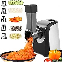 Rallador De Fruta Electrico COOCHEER Rallador Eléctrico de Verduras y Fruta, Cortador Verduras 150W, Rallador Eléctrico con 5 Accesorios de Acero Inoxidable Cilindros, Sin BPA