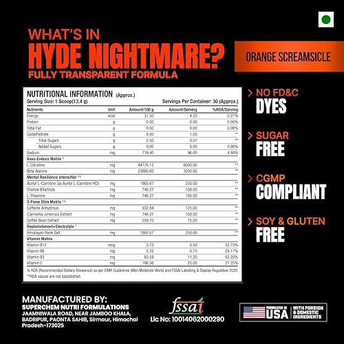Image of ProSupps Hyde Nightmare Orange Screamsicle Pre Workout Powder, 30 Servings | 6000 mg Citrulline, 3200 mg Beta-Alanine, Nootropics, Electrolytes, FSSAI Compliant, Banned-Substance Screened