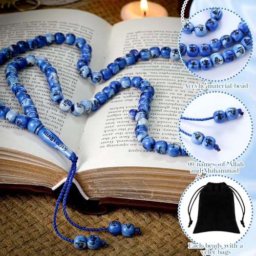 Image of Ferreve 12 Sets Muslim Tasbih 99 Rosary Prayer Beads 8mm Islam with Allah Names Engraved for Muslim Gift, Islamic Ceremony Religious Gift for Men and Women(Blue)