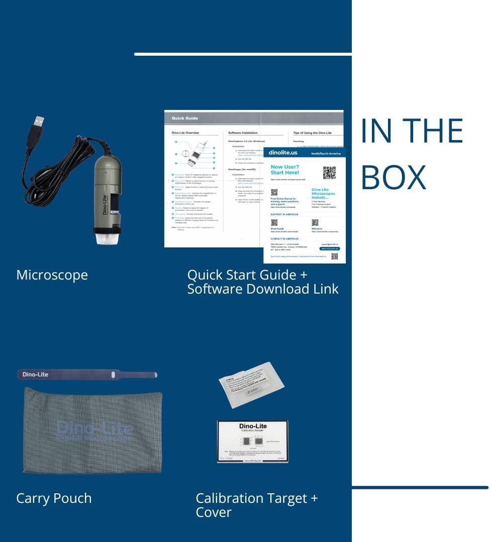 Contents of the Dino-Lite AM4113ZT package: Microscope, Quick Start Guide, Software Download Link, Carry Pouch, Calibration Target, and Cover
