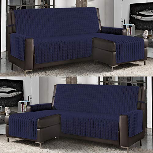 Banzaii Funda de Sofá Cubre Chaise Longue Acolchada Lisa 4 Plazas (290 cm) con Chaise Longue Izquierda/Derecha Azul Oscuro